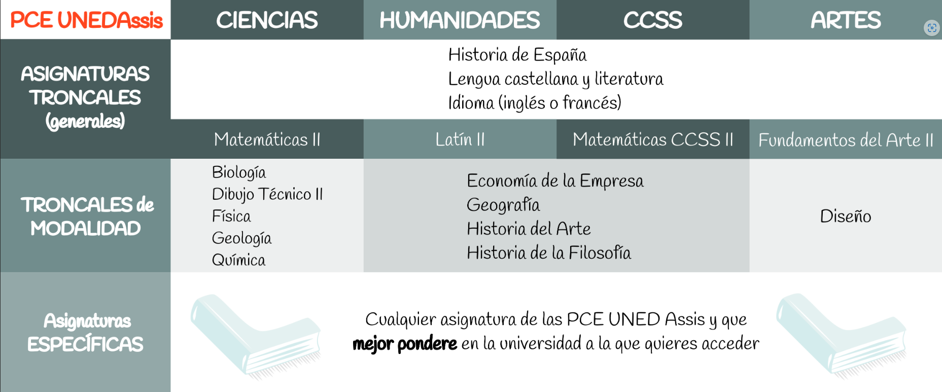 Listado de las asignaturas de las PCE según la rama del conocimiento. 
