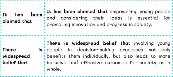 Tabla con frases clave para introducir generalizaciones en un "Opinion Essay" en inglés, como "It has been claimed that" y "There is widespread belief that", con ejemplos prácticos para redacciones avanzadas.<br />
