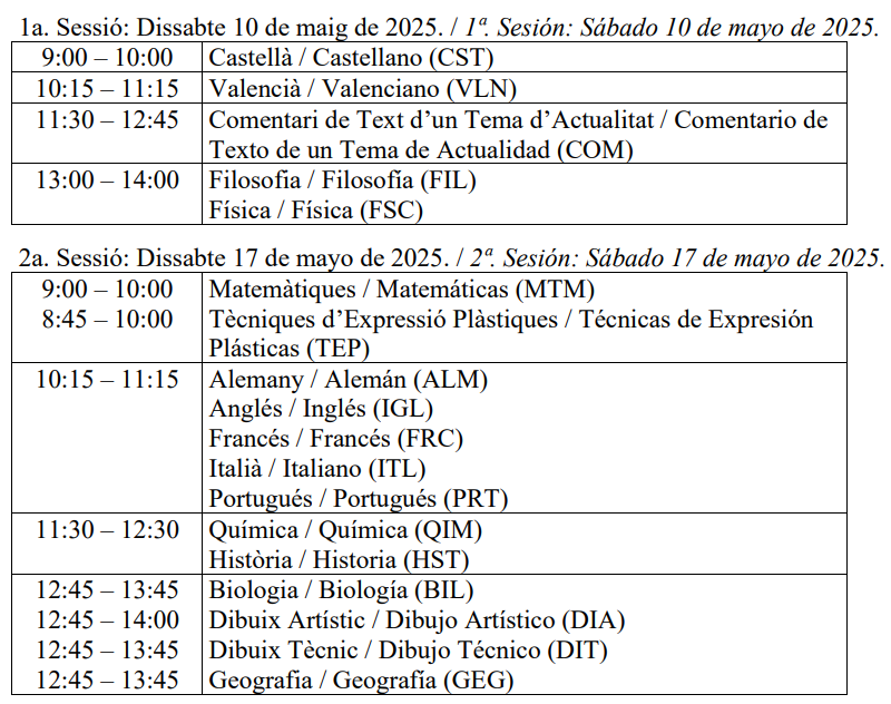 Fechas de examen de la PAU + 25 2025