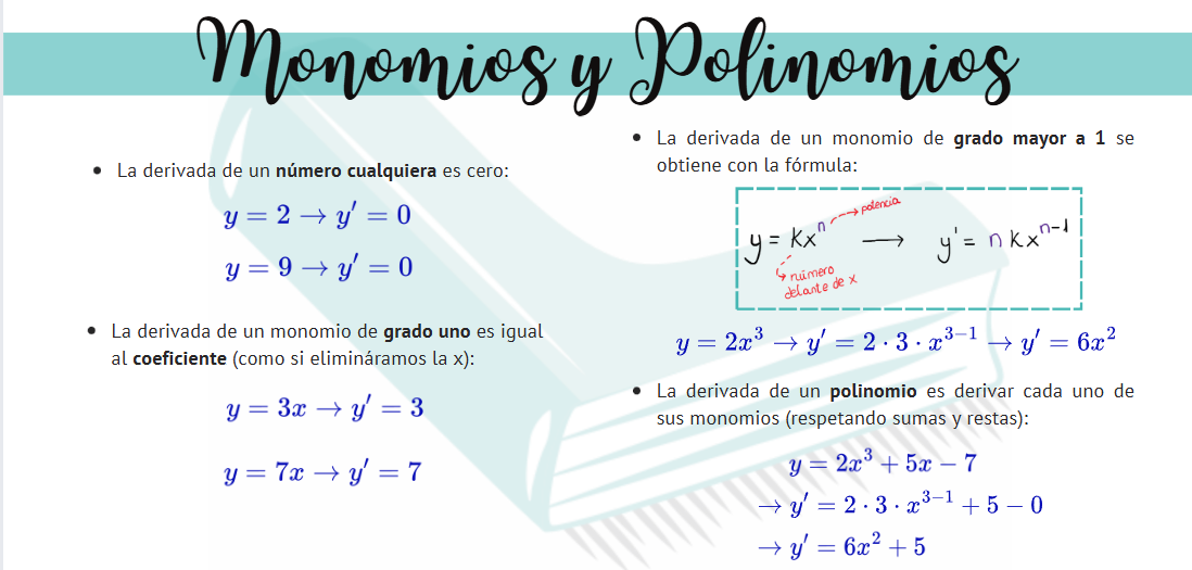 Esquema visual de derivadas de monomios y polinomios