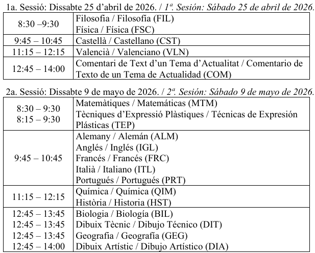 Horario detallado de las pruebas de acceso a la universidad para mayores de 25 años, con las horas y asignaturas de cada examen organizadas en una tabla.