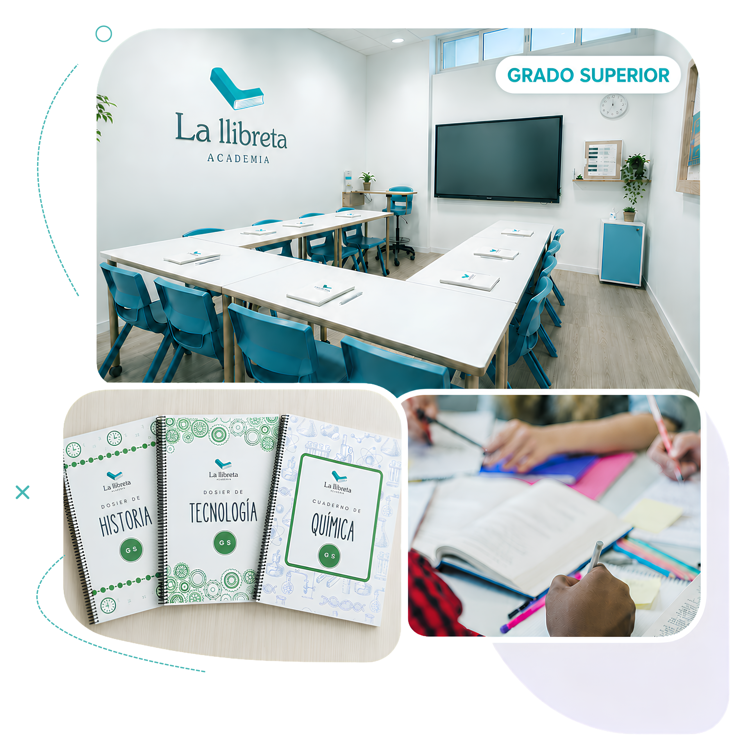 Imagen de cabecera del curso de Prueba de Acceso a Grado Superior en Academia La Llibreta, con aula del centro, dosieres propios y material de estudio