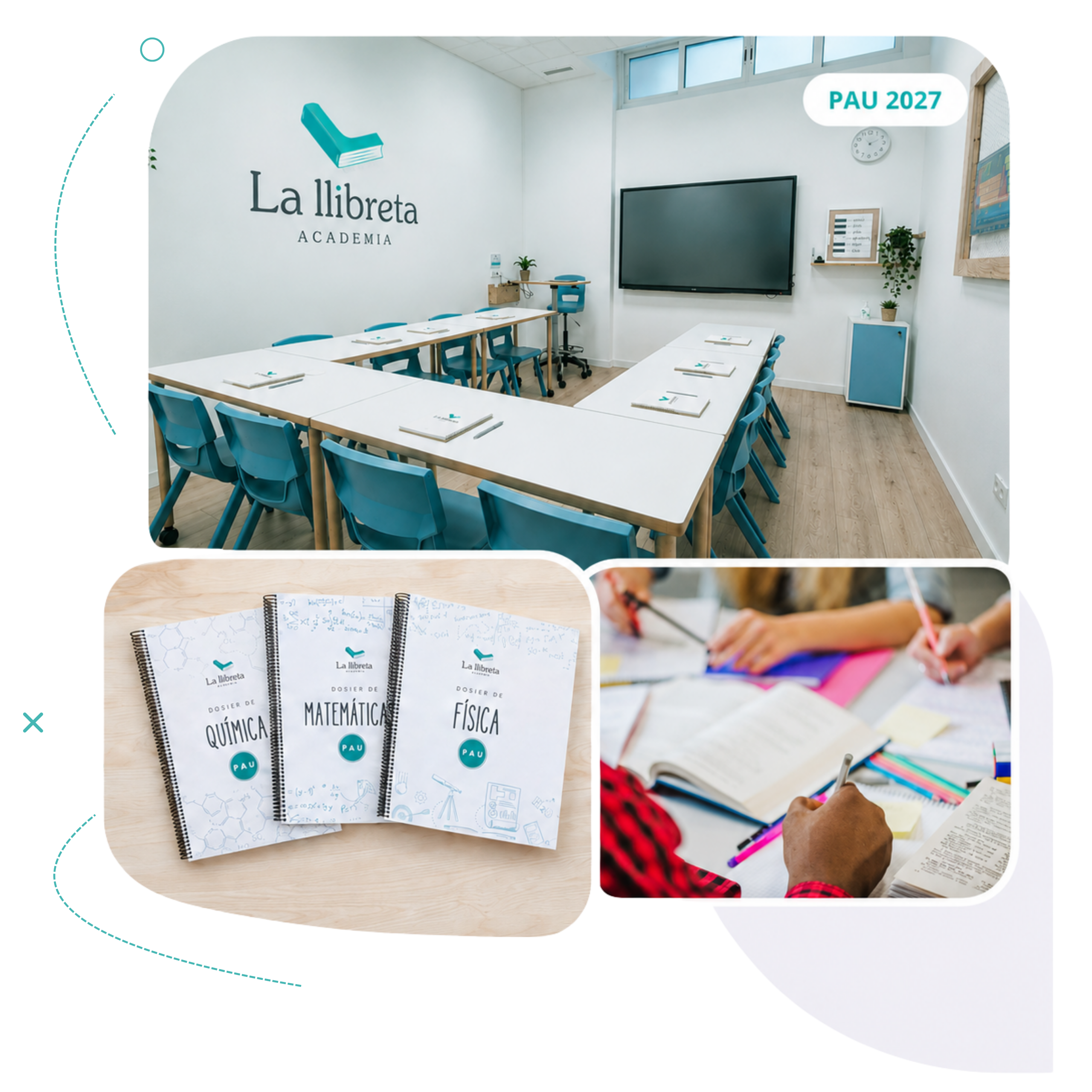Aula de Academia La Llibreta, dosieres propios de Química, Matemáticas y Física, y estudiante practicando con material de PAU