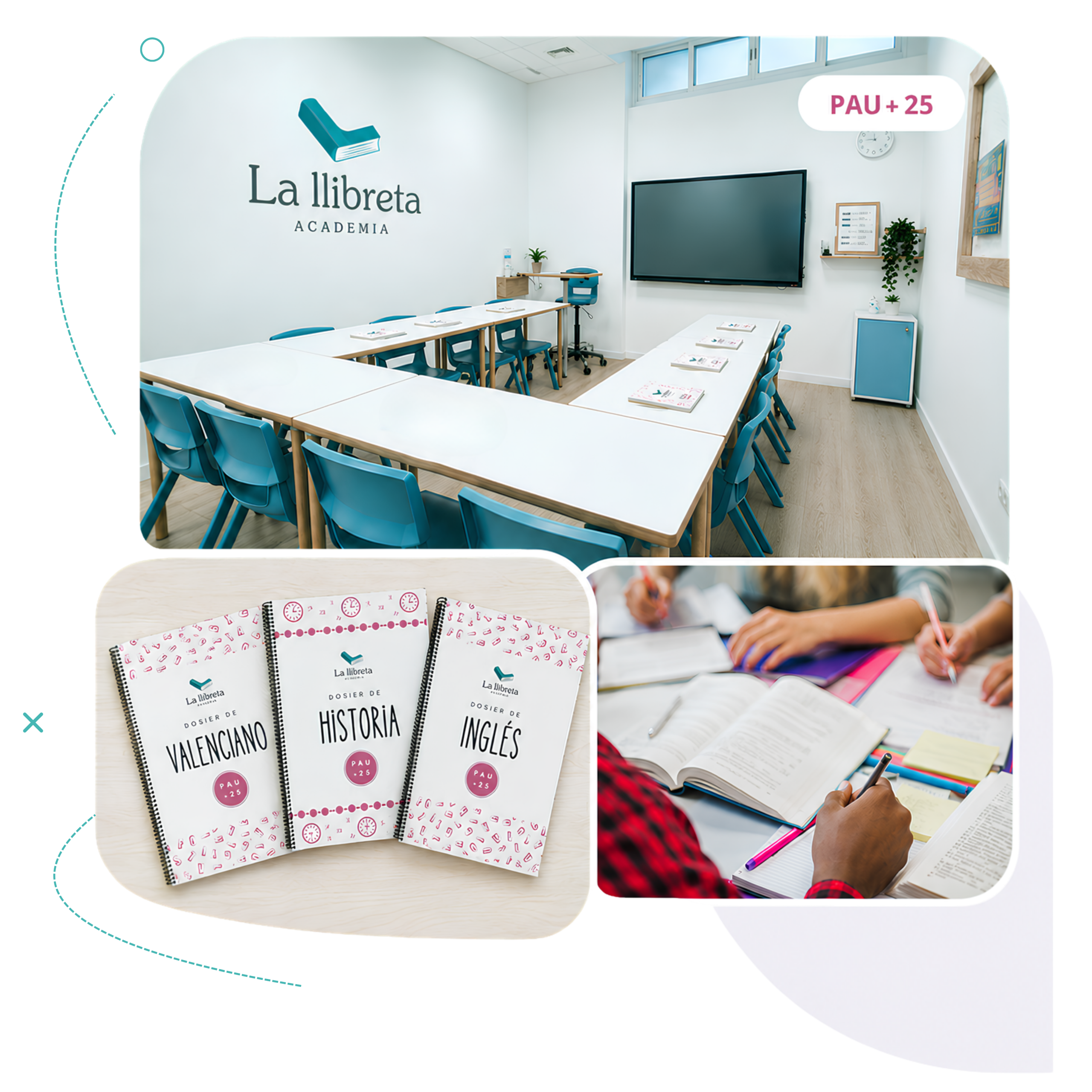 Imagen de cabecera del curso de Selectividad PAU mayores de 25 en Academia La Llibreta, con aula del centro, dosieres propios y material de estudio