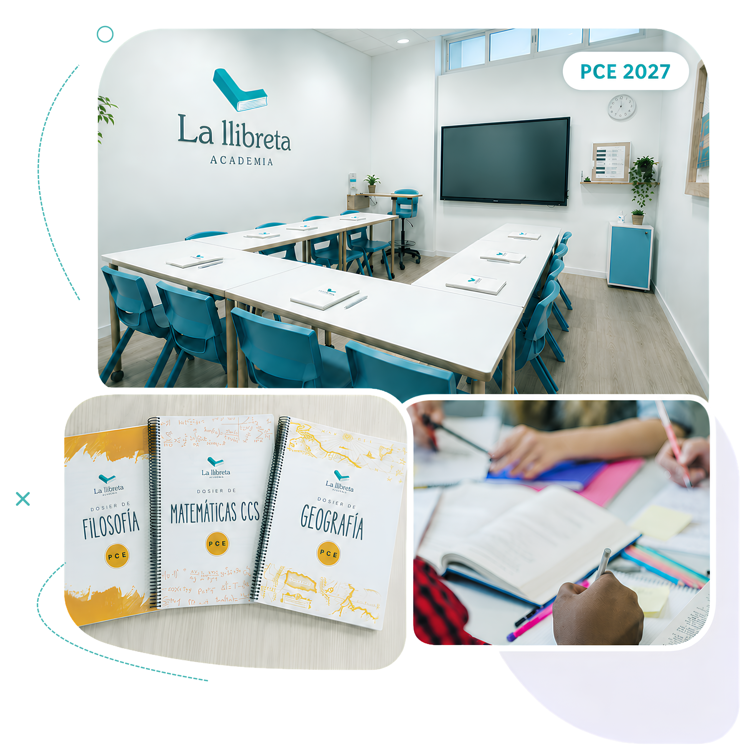 Imagen de cabecera del curso de Selectividad PCE UNED en Academia La Llibreta, con aula del centro, dosieres propios y material de estudio