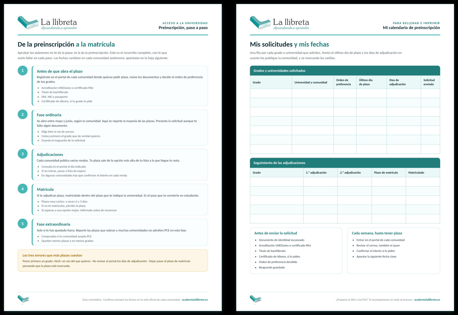 Las dos páginas del calendario de preinscripción de Academia La Llibreta: el recorrido del proceso y la hoja para anotar fechas